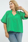 Scalloped Puff Sleeve Top in Green