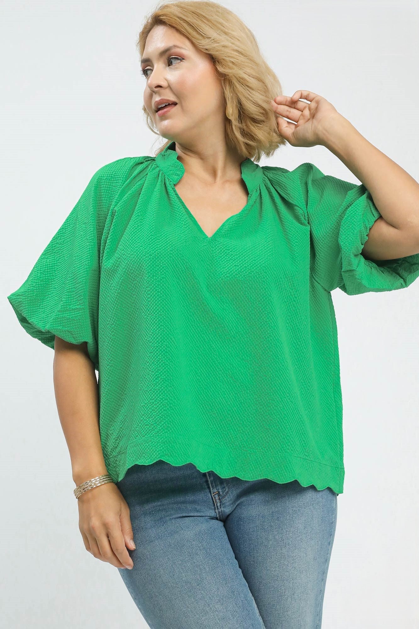Scalloped Puff Sleeve Top in Green