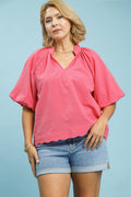 Scalloped Puff Sleeve Shirt in Peony